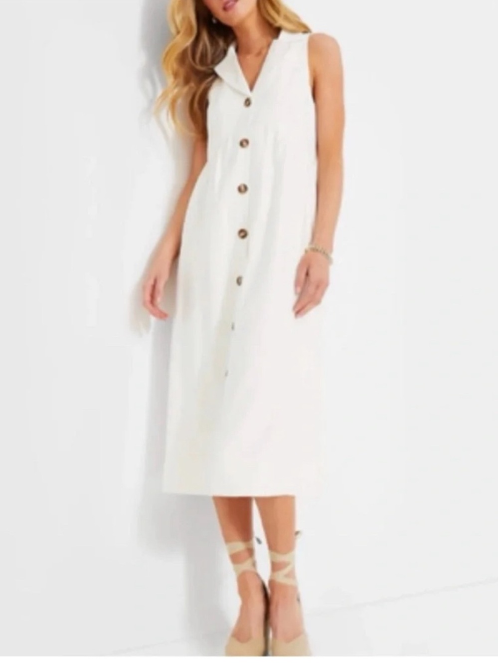 Pomander Place White Sleeveless Button-Front Midi Dress